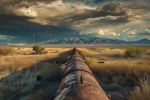 AI generated Oil pipeline running through a field towards a mountain in the distance. photo