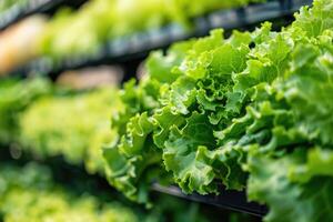 AI generated Fresh leafy greens lettuce salad on shelf in garden center. photo