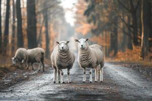 AI generated Sheeps standing on the road near forest at early morning or evening time. Road hazards, wildlife and transport. photo