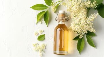 AI generated Elderflower syrup in a glass bottle without label top view on white background. photo