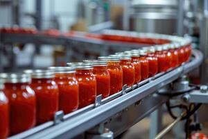 ai generado automatizado transportador línea o cinturón en moderno tomate pegar en vaso frascos planta o fábrica producción. foto