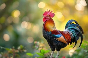 AI generated Beautiful rooster on nature background. photo