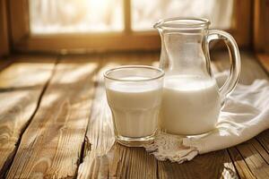 AI generated A jug of milk and glass of milk on a wooden table. photo