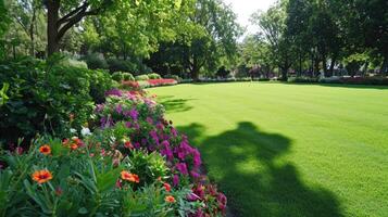 AI generated Multi-colored flower bed in the park. Outdoor summer gardening. photo