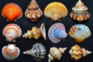 AI generated Collection of various colorful seashells on black background. photo