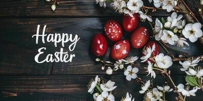 AI generated Easter dark red eggs and spring white flowers photo