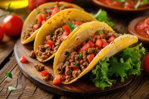 AI generated Mexican tacos with beef in tomato sauce and salsa. photo