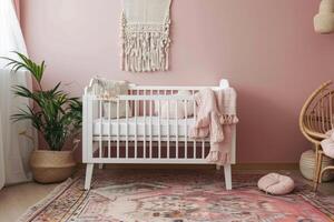 AI generated Simple, pink baby bedroom with cot and rug. photo