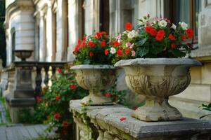 AI generated Decorative flowers in cement pots. photo