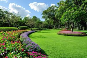 AI generated Multi-colored flower bed in the park. Outdoor summer gardening. photo