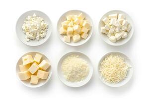 AI generated Set of various types of cheese in white bowl, top view photo