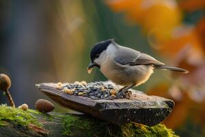 ai generado adorable pantano teta parus palustris comiendo semillas foto