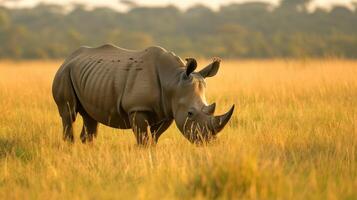 AI generated White rhinoceros grazing in a grass field. photo