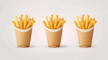 AI generated Golden brown and crispy french fries served on a brown paper bucket isoalted on white background. photo