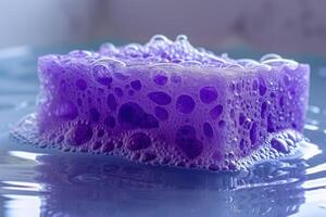 AI generated Wet purple sponge in bathroom. photo