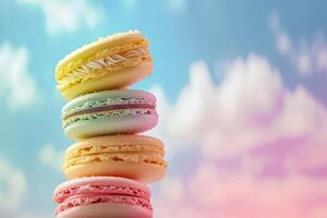 AI generated Colorful macarons cakes on pastel background photo