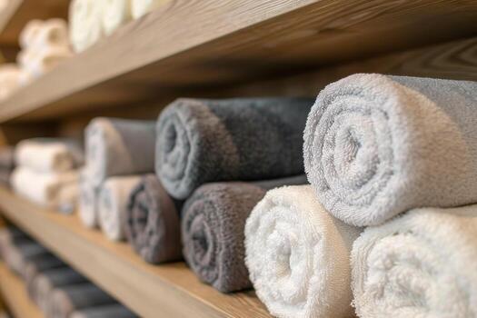 AI generated Close up of shelf with rolled bath towels at hotel spa. photo