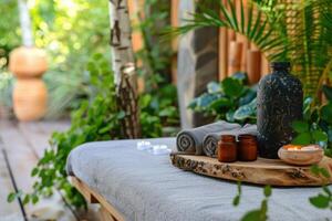 AI generated Natural relaxing spa composition on massage table in wellness center. photo