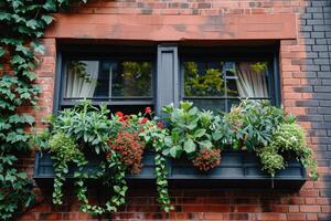 ai generado ventana cajas con plantas en el lado de un ladrillo edificio foto