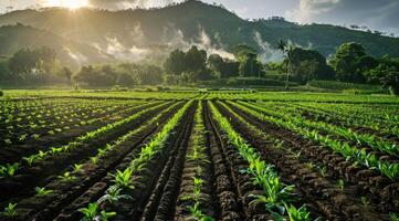 ai generado filas de joven maíz plantas creciente en un vasto campo con oscuro fértil suelo líder a el horizonte foto