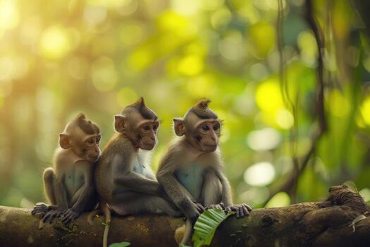 AI generated Monkeys spending time together in nature. photo