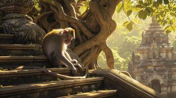 AI generated Monkey relaxing on stairs with a tree behind it, in the style of Buddhist art and architecture. photo