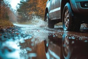 AI generated Car driving through the puddle and splashing by water. photo