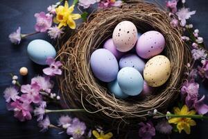 AI generated Colorful Easter eggs in nest and spring flowers on rustic table top view. Holiday card or banner. photo