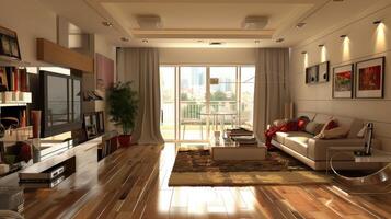 AI generated Maximizing small spaces with laminate flooring in apartments. photo