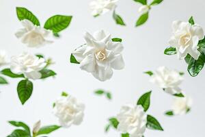 AI generated Beautiful white gardenia flower blooming on white background photo