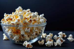 AI generated Glass bowl with popcorn on black background. photo