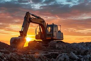 AI generated Excavator at a construction site against the setting sun photo