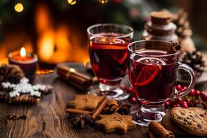 AI generated Mulled wine and cookies at christmas fireplace. photo