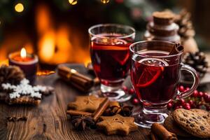 ai generado reflexionado vino y galletas a Navidad chimenea. foto