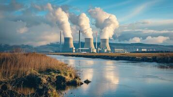 ai generado blanco fumar viniendo fuera de el nuclear plantas. foto