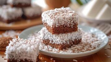 AI generated Lamingtons, sponge cake with chocolate and coconut. photo