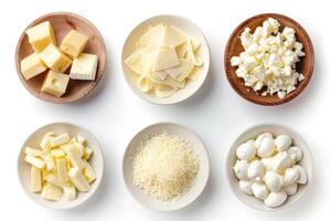 AI generated Set of various types of cheese in bowl, top view photo