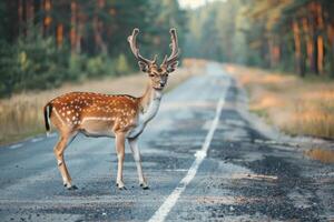 AI generated Deer standing on the road near forest at early morning or evening time. Road hazards, wildlife and transport. photo