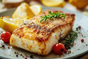 AI generated Gourmet fish fillet, high quality dish. photo