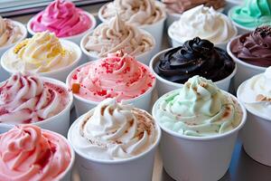 AI generated A variety of different colored ice cream flavors. photo