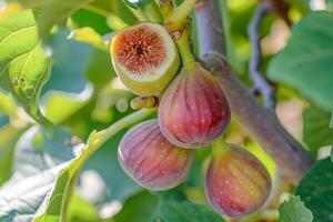 AI generated Fig, or fig tree, or common fig tree Ficus carica is a subtropical deciduous plant of the genus Ficus of the Mulberry family. Figs on a branch photo