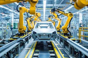 AI generated Modern car manufacturing factory, automobile assembly line, automotive industry. photo