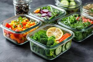 AI generated Healthy vegan dishes in glass containers with fresh raw vegetables. photo