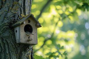 AI generated Wooden bird house on the tree photo