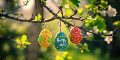 AI generated Colorful Easter eggs hanging on blooming tree branches outdoor in garden. photo