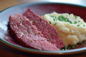 AI generated Corned beef is served with mashed potatoes. photo