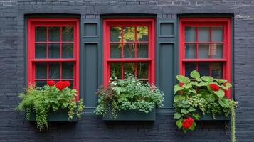 AI generated Window boxes with plants on the side of a brick building photo