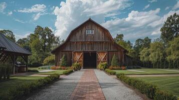 AI generated Brown barn on farm landscape photo