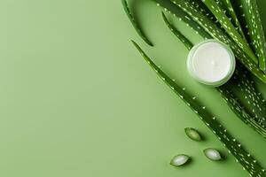 AI generated Cosmetic cream with aloe vera leaves on a green background with space for text. photo