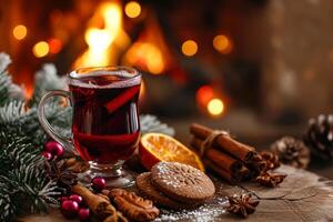 ai generado reflexionado vino y galletas a Navidad chimenea. foto